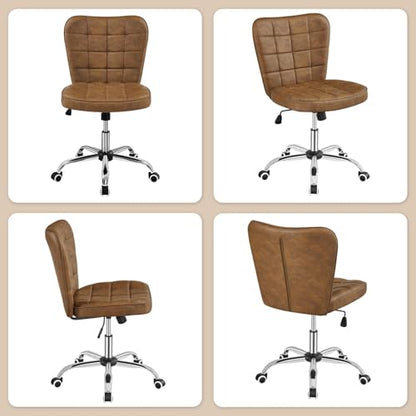 Yaheetech Retro Brown Tufted Armless Desk Chair with Wheels, Faux Leather | Thick foam cushioned seat tilts back to relax, lifts 18-22 in, spins 360 degrees, holds 300 lb, and assembles with ease. - color: Retro Brown