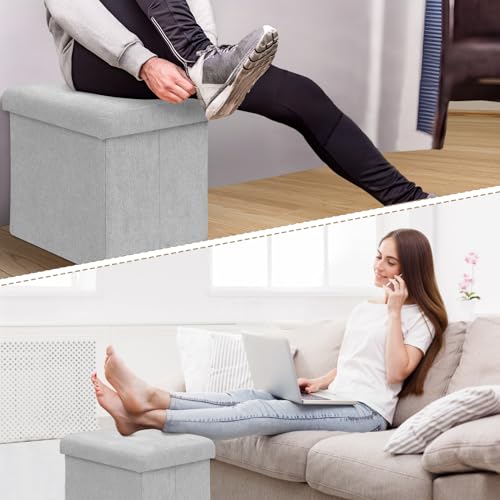 Athena Collection 15" Storage Ottoman Bench Folding Bench with 40L Hidden Storage, Small Cube Ottoman Linen Foot Rest Stool Chest with Flipping Lid for Living Room, Bedroom, Entryway, Light Gray