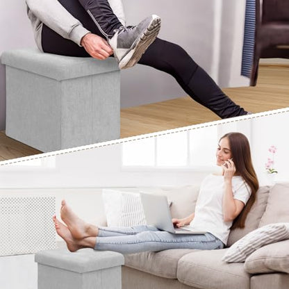 Athena Collection 15" Storage Ottoman Bench Folding Bench with 40L Hidden Storage, Small Cube Ottoman Linen Foot Rest Stool Chest with Flipping Lid for Living Room, Bedroom, Entryway, Light Gray