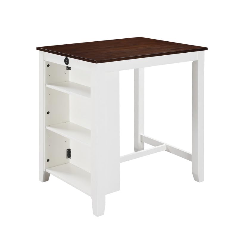 Lilola Home Graham 3-Piece White Finish Small Space Counter Height Dining Set with USB Charging Ports, Storage Shelves, and 2 Cream Upholstered Chairs — Compact Dining Furniture for Apartments - color: White