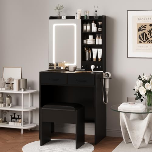 Black Makeup Vanity Desk with Mirror and Lights, Vanity Table Set with Charging Station, Dressing Table with Stool, 2 Drawers, Open Shelves, Power Outlets & USB Ports, Vanity Desk with RGB Cabinets - color: Black