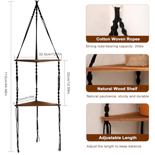 Artilady Corner Shelf Macrame Wall Hanging Balck, Boho Wood Storage Decor | 2 Tier Adjust Plant Floating Shelves, Farmhouse Rustic Crystal Candle Holder for Small Space, Bedroom Living Room Wall Decor - color: Black Shelf - 2 Tier
