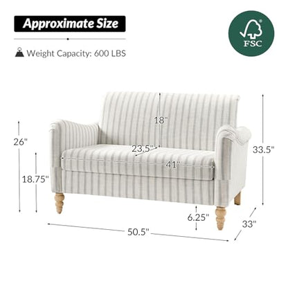 HULALA HOME 50.5" Loveseat Sofa with Stripe Pattern, 2 Seater Sofa, Grey | Farmhouse Comfy Upholstered Small Couch, with Solid Wood Spindle Legs and Rolled Wide Armrests, for Living Room Bedroom - color: Grey, size: 2-Seater Loveseat