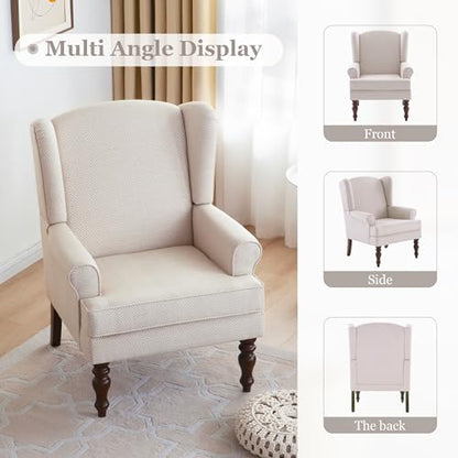 HUIMO Printed Wingback Accent Chair, Linen Upholstered High Back Armchair, Comfy Reading Chair for Living Room Bedroom Study, 300lbs Weight Capacity (1, Tan with Lines) - color: Tan With Lines