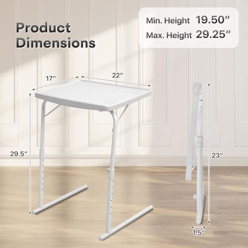 Athena Collection Adjustable TV Tray Table, White | Small Folding Table, 6 Adjustable Height & 3 Level Tilting Tabletop Laptop Desk for Living Room Small Space on Couch Sofa Bed - color: White