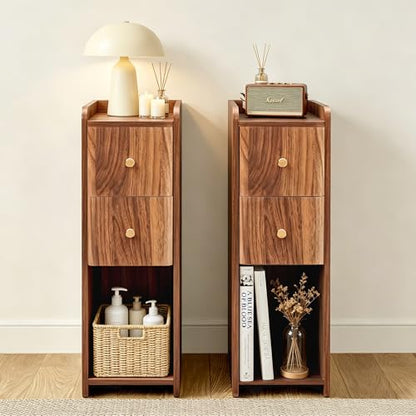 Narrow Nightstand Set of 2, Wooden Small 2 Drawer Nightstand, Slim Side End Table, Skinny Bedside Table, Mid Century Modern Night Stand with Drawers for Bedroom (Walnut 2-2 pcs) - color: Walnut 2-2 Pcs
