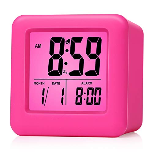 Plumeet Digital Kids Alarm Clock with Snooze and Nightlight - Easy Setting Silicone Clock Display Time, Date - Loud for Bedroom - Battery Powered (Pink) - color: Hot Pink