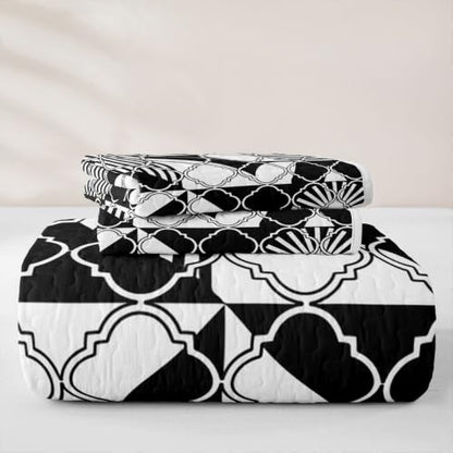 Geometric Stripe Quilted Bedspread King Size,Y2K Retro Line Boho Simple Quilt Bedding Set 3 Pieces,Square Plaid Checkered Classic Bed Covers for All Season,Black White Quilted Coverlet,2 Pillowcases - color: Black White, size: King