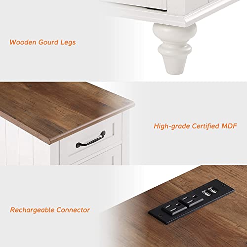 WAMPAT Off White Side Table with Charging Station, Tall Nightstand with Drawer for Bedroom, Narrow End Table Wooden Bedside Table with USB Ports & Power Outlets for Living Room - color: Off White