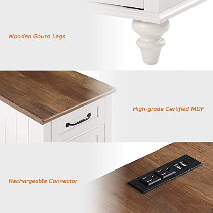 WAMPAT Off White Side Table with Charging Station, Tall Nightstand with Drawer for Bedroom, Narrow End Table Wooden Bedside Table with USB Ports & Power Outlets for Living Room - color: Off White