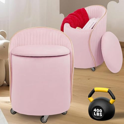 Round Storage Ottoman, Upholstered Velvet Vanity Stool with Lumbar Support, Swivel Rolling Wheels, Small Foot Stools Coffee Table Padded Seat for Makeup Room, Living Room, Bedroom (Pink) - color: Pink