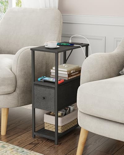 TUTOTAK Small Narrow End Table with Charging Station, Set of 2 | Side Table with Outlets, Nightstand with Cloth Drawer, Couch Table for Living Room, Bedroom, Bedside, Black TB01BK058 - color: Black, style: 1 Drawer & Plug