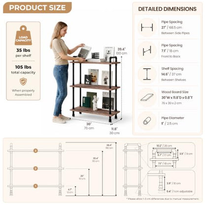 Industrial Bookshelf, Pipe Shelf Bookcase, 3 Tier, 30" Weathered Brown | Solid pine shelves, 30 inch wide, black pipe frame, 35 lbs per shelf, open bookcase for books, plants, office - color: Weathered Brown, size: 30"L × 39"H