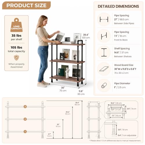 Industrial Bookshelf, Pipe Shelf Bookcase, 3 Tier, 30" Weathered Brown | Solid pine shelves, 30 inch wide, black pipe frame, 35 lbs per shelf, open bookcase for books, plants, office - color: Weathered Brown, size: 30"L × 39"H