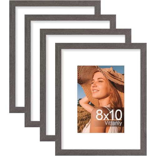Vittanly 8x10 Picture Frames Set of 4, for Wall or Tabletop, Dark Grey | Display Pictures 5x7 with Mat or 8x10 without Mat, Engineered Wood with Shatter Resistant Plexiglass, Wall Gallery Frames - color: Dark Grey, size: 8x10