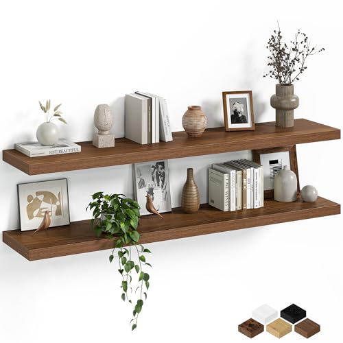 Fun Memories Floating Shelves for Wall, 48 Inch Long Set of 2 Rustic Wood Wall Shelves with Invisible Brackets, Heavy Duty Storage Display for Living Room Bedroom Kitchen, Walnut - color: Walnut Brown, size: 48"W x 8"D, Set of 2