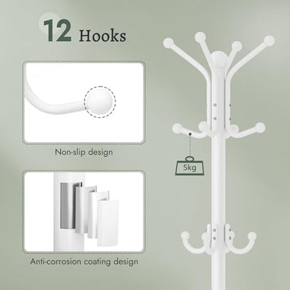 FAVOOSTY Coat Rack Freestanding,Coat Rack Stand with Umbrella Holder,Metal Coat Tree with 12 Hooks,Tree Clothes Hat for Entryway, Hallway, Bedroom, Living Room & Office -White - color: White
