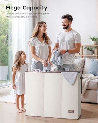 SOLEDI Large Laundry hamper 3 Section with Laundry Bag, XL Clothes Basket | 3-Section Large capacity Laundry Sorter with Odor-Blocking Lid, Robust Iron Frame & Waterproof 600D Fabric, 3 Washable Bags - color: Off-white, size: 180L
