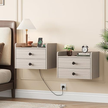 Floating Nightstand Set of 2 with 2 Storage Drawers and Charging Station | Wood Wall Mounted Bedside End Table Modern Night Stands set 2 for Bedroom,Small Space,Grey Black - color: Grey-black
