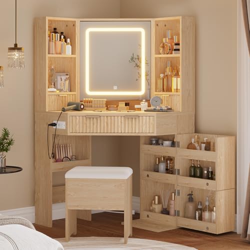 HAUOMS Fluted Corner Vanity Desk with Mirror & Lights, Natural Wood | Rotating Cabinet with 6 Shelves, Built-in Charging Station, 2 Drawers, Storage Bench, for Bedroom, Women Girls - style: Fluted Wood