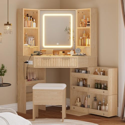 HAUOMS Fluted Corner Vanity Desk with Mirror & Lights, Natural Wood | Rotating Cabinet with 6 Shelves, Built-in Charging Station, 2 Drawers, Storage Bench, for Bedroom, Women Girls - style: Fluted Wood