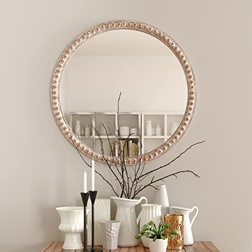 COZAYH Distressed Wood Frame Accent Mirror, Rustic Farmhouse Style Decorative Wall Mirror (Round) - size: 29.2"L x 1"W