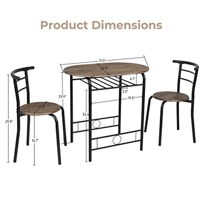 VINGLI 3 Piece Dining Set,Small Kitchen Table Set for 2,Breakfast Table Set for 2,Kitchen Wooden Table and 2 Chairs for Small Space/Dining Room/Apartment,Metal Frame,Wine Rack,Rustic - color: Rustic