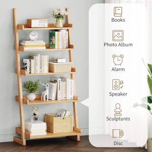 Uniclinens Natural Wooden Ladder Shelf, 5-Tier Ladder Bookshelf, Ladder Shelf Bookcase for Compact Spaces, Wooden Bookshel for Living Room, Bedroom, Home Office,(23.6''Dx15.7''Wx55.1''H) - color: Natural