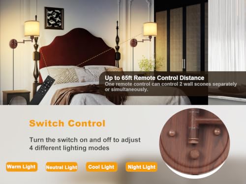 GOODATE Plug in Wall Sconces with Remote Control, Dimming & Adjustable Colors 2700K-6500K, Hardwire or Plug-in, Swing Arm Wall Lamp, Wall Sconces Set of Two, Linen Fabric Shade, Walnut Finish - color: Walnut & Linen