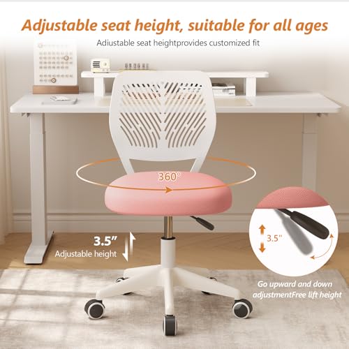 JPBSTO Armless Desk Chair, Height Adjustable Swivel Office Rolling Task Chairs with Soft Mesh Padded Cushion, Ergonomic Small Study Computer Chair for Girls Boys Teens (Pink, 2PCS) - color: Pink 2pcs
