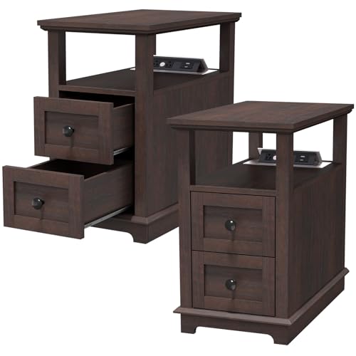 HIFYOBRO Narrow End Table with Flip Top Charging Station Set of 2, Side Table with 2 Drawers, Type-C & USB Port & Power outlets, Wooden Storage Cabinet for Living Room and Bedroom - color: Cherry, size: 1 Set