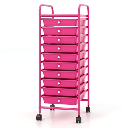 COSTWAY 10-Drawer Rolling Storage Cart, Utility Mobile Trolley | Removable Drawers & Universal Casters & 2 Brakes, Versatile Flexible Drawer Organizer Cart for Home, Office (Hot Pink) - color: Hot Pink, size: 13"L x 15"W x 34"H (10 Drawer)