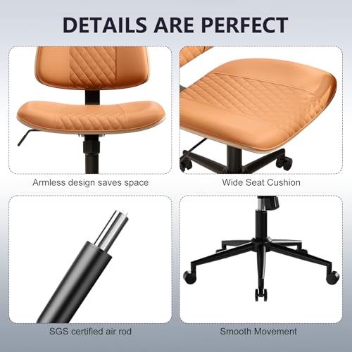 Modern Armless Office Chair with Wheels, Wide Seat Walnut, Brown | Adjustable Swivel Desk Chair with Mid Back & Tilt Function, Faux PU Leather Mid Century Modern Task Office Chair, 300LBS Cap - color: Brown, size: MCM Style Wide Seat