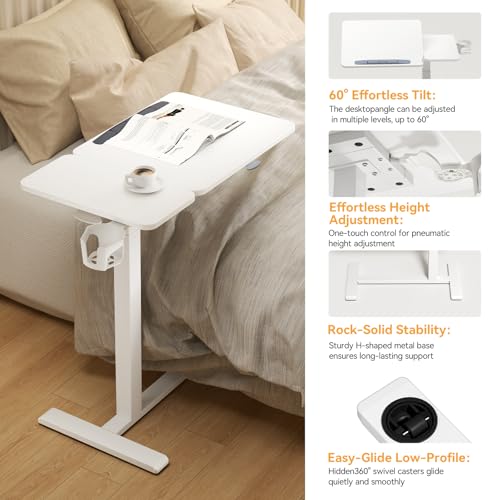 Overbed Bedside Table with Wheels, Pneumatic Adjustable Medical Tilt Top Hospital Bed Table Over The Bed, Rolling Laptop Desk, Mobile Standing Desk for Hospital and Home Use, White - color: Pure White