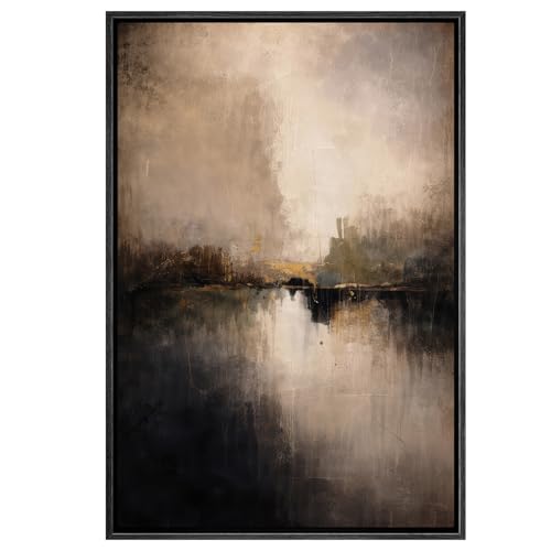 SIGNWIN Framed Canvas Print Wall Art Moody Abstract Lake Landscape Dark Earth Tone Illustrations Modern Art Minimal Multicolor for Living Room, Bedroom, Office - 16"x24" BLACK - color: B07-2603-EDW03, size: 24"L x 16"W