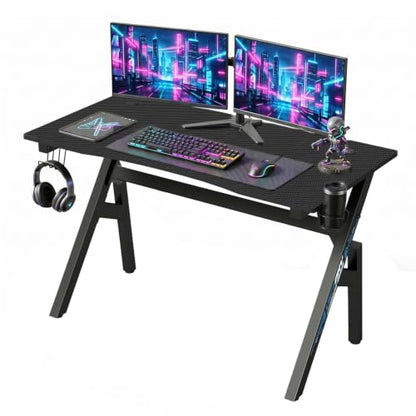 BestOffice | 47" Gaming Table | Black & Blue | R-Shaped Computer Desk | with Steel Frame, Headphone Hook, Adjustable Feet | Carbon Fiber Texture| Easy to Clean | for Gaming, Home Office - color: Black&blue, size: 47 Inch R Shaped