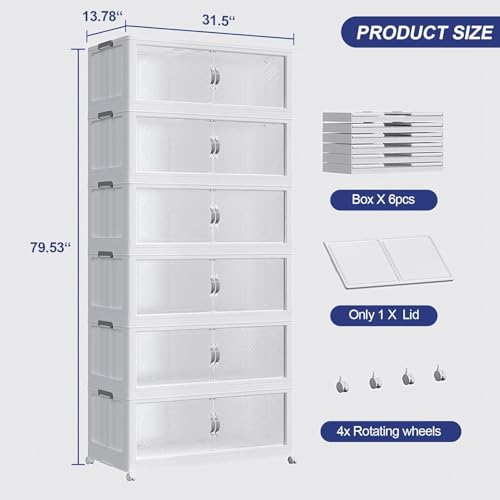 240GAL Plastic Storage Bins with Lid, 960QT Extra Large Stackable Closet Organizers and Storage, Collapsible Storage Boxes with Wheels, Folding Cabinet for Home Kitchen Office, 6Pack White - color: White, size: 40Gal-6Pack