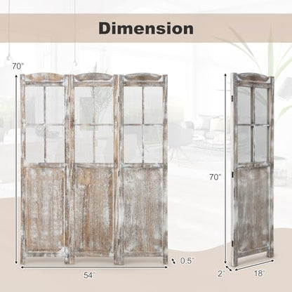 GOFLAME 3-Panel Folding Room Divider, 6FT Paulownia Wood Privacy Screen with Mesh Window, Natural Rustic Freestanding Wall Divider Partition for Room Separation, No Assembly Required