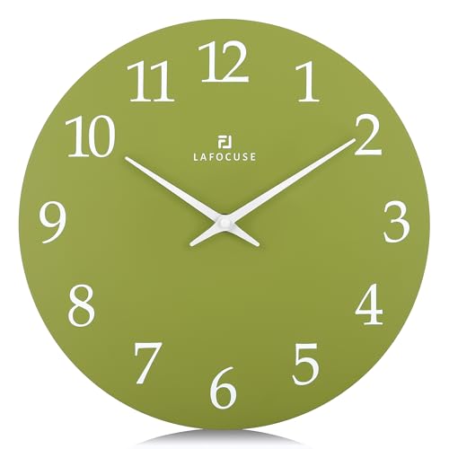 Lafocuse 12 Inch Wooden Olive Green Minimalist Wall Clock Battery Operated | Silent Non Ticking Green Clock White Numbers, Modern Simple Decorative Style for Living Room Decor Kitchen Bedroom Office - color: Olive Green