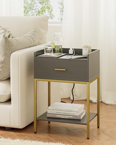 Masupu Nightstand with Charging Station,3-Tier Modern Bedside Night Stand with Storage Drawer and Shelf,Small End Side Table for Bedroom,Living Room,Grey - color: Outlet-grey