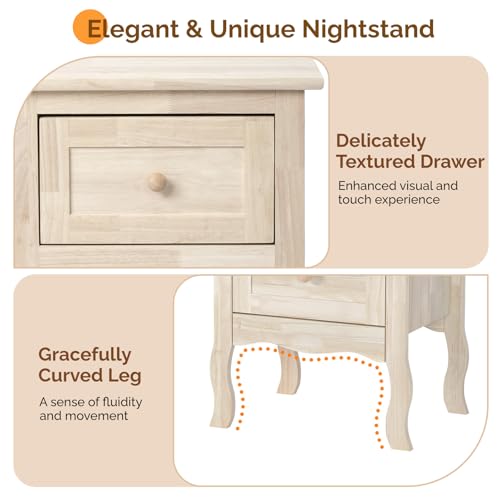 Bonnlo Nightstands Set of 2, Solid Wood Nightstand Unfinished for Color DIY, Small Night Stand for Bedroom, Natural Wood Nightstand with Drawers, Light Wood Nightstands, Real Wooden Bed Side Table - color: Natural Wood