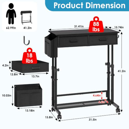 Small Standing Desk with Storage, Height Adjustable Sit Stand Desk with Drawers, Mobile Office Desk with Wheels and Side Pocket, Adjustable Laptop Workstation for Home Office - color: Black
