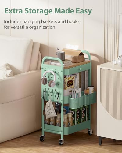 ALVOROG 3 Tier Metal Rolling Cart with Drawer,Wood Top,Pegboards,Green | Storage Utility Cart with Drawers,Pegboards,Lockable Wheels,Baskets,Hooks for Kitchen,Office,Bedroom,DIY Supplies - color: Green