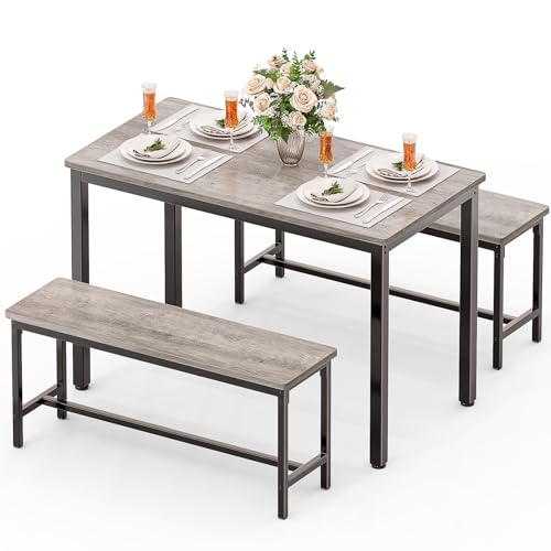 Dining Table Set for 4, Kitchen Table with 2 Benchs, Grey | Modern Functional 3 Piece Space-Saving Dining Room Table Set for Apartment, Breakfast Nook, Small Space - color: Grey