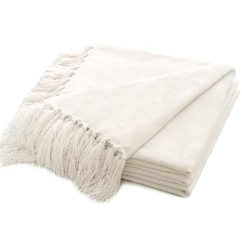 RECYCO Chenille Throw Blanket for Couch, 50"x60", Ivory White | Super Soft Knit Throw Blanket with Fringe Tassels, Lightweight Knitted Throw, Cozy, Ideal for Sofa Chair Bed Living Room Gift - color: Ivory White, size: 50'' X 60''