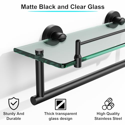 Bathroom Towel Rack with Tempered Glass Shelf 16 Inch, Matte Black Floating Wall Mount Storage - color: Matte Black, size: 16-inch with Railing