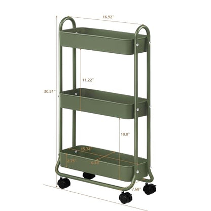 SunnyPoint Slim Rolling Storage Cart, 3 Tier Bathroom Storage Organizer Bathroom, Laundry Utility Cart (Army) - color: Army