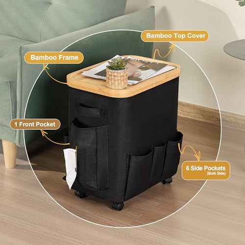50L Small Clothes Hamper, Small Landry Hamper with Lid Rolling Collapsible Laundry Hamper with Detachable Wheels Bamboo Frame 7 Oxford Storage Pockets for Bathroom Bedroom Salon RV, Black - color: Black