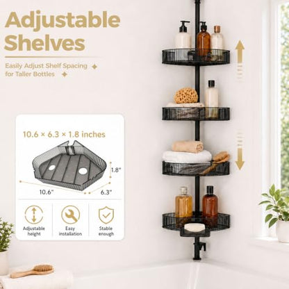Corner Shower Caddy, Adjustable 4-Tier Rustproof Bathroom Organizer Shelves, 45-75 Inch No-Drill Quick Installation Bathtub Corner Shelf