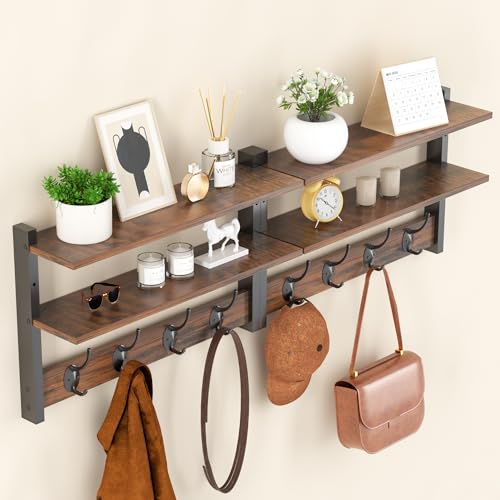 2 Tier Coat Rack Wall Mount with Shelf, 33" Wall Shelf with Hooks, Entryway Key Holder for Wall with 8 Heavy Duty Double Hooks, Coat Hook Wall Mounted for Bedroom, Living Room, Rustic Brown - color: Brown-2 Pack